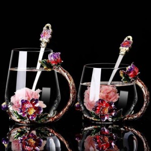 ガラス製ティー・コーヒーカップセット〜カップ2客 花柄 上品琺瑯質彩カップ