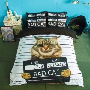 ベッド用品4点セット掛け布団カバー 枕カバー ベッドパッド ワイドダブルサイズ 猫柄
