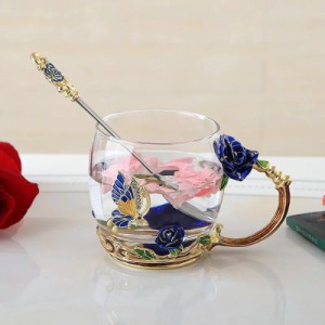 薔薇花柄ガラス製 ．ティーカップ 2点セットコーヒーカップ