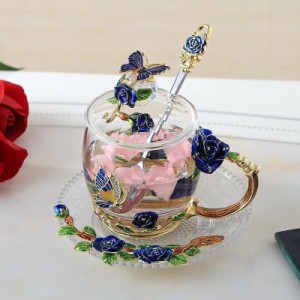 薔薇花柄 ガラス製 ．ティーカップ 4点セットコーヒーカップ