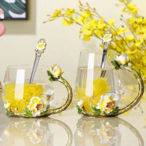 ガラス製ティー・コーヒーカップセットカップ2客 花柄 上品琺瑯質彩カップ