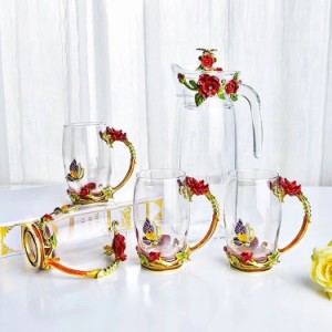 赤薔薇花柄ガラス製 ．ティーセット ~高級コーヒーカップセット 上品カップ