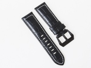 汎用 本革 腕時計 ベルト ブレスレット バンド 交換 ブラックバックル#幅24mm/ワニ革風 ブラック 送料込