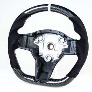 テスラ用 モデル3 モデルY D型 ステアリング ホイール ハンドル カーボン×本革スエード×白い輪デザイン