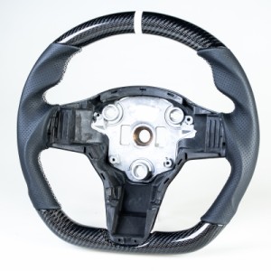 テスラ用 モデル3 モデルY D型 ステアリング ホイール ハンドル カーボン×本革パンチングレザー×白い輪デザイン