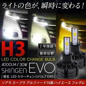 トヨタ ソアラ スープラ アルファード10系 ハイエース フォグ H3 LEDカラーチェンジバルブ 信玄 EVO 実測値21500cd 車検対応 1年保証 3色