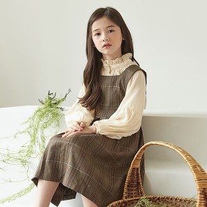 韓国子供服 韓国子ども服 子ども服 子供服セットアップ 2点セット ジャンパースカート シャツ ブラウス 長袖 ワンピース 膝丈 裾フレア 