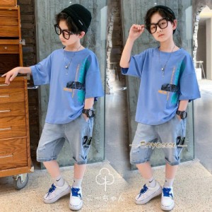 韓国子供服 セットアップ 130cm 150cm トップス デニムパンツ 男の子 ジーンズ カジュアル 夏 半袖 ズボン ゆったり リゾート スーツ キ