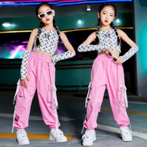 ダンス衣装 キッズ 韓国 ピンク トップス パンツ セットアップ ジャズダンス チアダンス衣装 ガールズ 練習着 発表会 応援団 おしゃれ