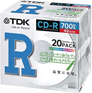 TDK データ用 CD-R 700MB 48X ホワイトプリンタブル 20枚パック CD-R80PWX20A(中古品)