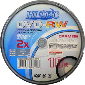 HIDISC ビデオ録画用 2倍速対応 DVD-RW CPRM対応 ワイドエリアプリンタブル スピンドルケース 10枚パック HD DRW120 2X10PS(中古