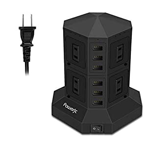 POWERJC タワー式 電源タップ 縦型コンセント AC差込口+USBポート約3M USB急速充電器 スイッチ付 掛ける可能 職場用 2層 ブラッ 