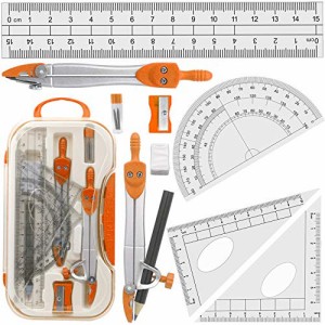 幾何学コンパス数学セット、直定規 半円分度器 しゴム 三*定規 算数School Compass *房具、オレンジ