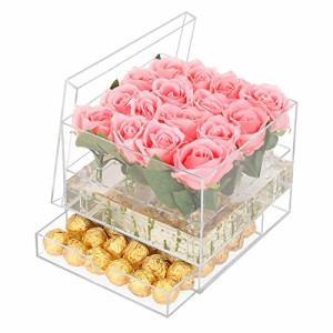 Duvinin アクリル フラワーボックス 花瓶 花箱 16ホール リボン付き 20ｘ20ｘ16cm ギフト プレゼントボックス