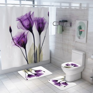 紫色の花プリントシャワーカーテンフロアマットトイレシートカバーフットパッド