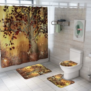 4ピース/セットクリエイティブメープルリーフ印刷シャワーカーテンマット浴室パッドセット家の装飾