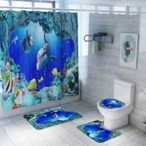 ポリエステル海洋動物プリントシャワーカーテン浴室家庭用パーティションフロアマット