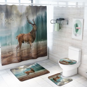 エルク印刷シャワーカーテン滑り止め敷物トイレ蓋カバーバスマット用バスルームの装飾