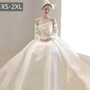 ウェディングドレス プリンセスドレス Aライン ノースリーブ 袖なし ベアトップ サテン 光沢感 シンプル 美しい ホワイトドレス ワンピー