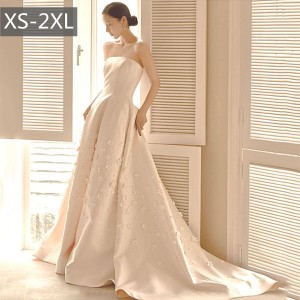 ウェディングドレス プリンセスドレス Aライン ノースリーブ 袖なし ベアトップ サテン 光沢感 スレンダーライン 美しい ホワイトドレス 