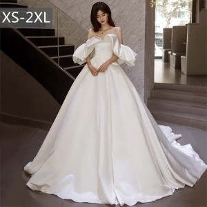 ウェディングドレス プリンセスドレス Aライン オフショルダー フリル ボリュームフリル サテン 光沢感 シンプル 美しい ホワイトドレス 