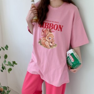 ラビット プリントトップス Tシャツ うさぎ ロング丈 半袖 ラウンドネック ストレート 透け感 かわいい 大人可愛い きれいめ シンプル カ