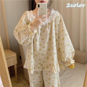 コットンフリルのガーリールームウェア 可愛いパジャマ 韓国レディースファッション   超高品質 寝間着 部屋着 吸汗 通気 柔らかい肌触り