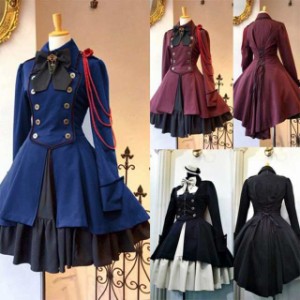 ワンピース フリル ツートン アイドル衣装 ハイローロリータワンピースドレスゴスロリ軍服ワンピース OPドレス ボタン リボン 