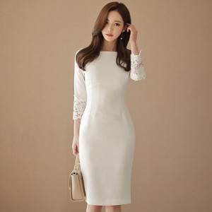 キャバ ドレス キャバドレス ワンピース ミディアムドレス シルエット シンプル 華やか レース 美ライン 純白 ホワイト S M L XL