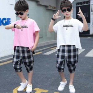 子供ジャージ 男の子 上下セット スウェット2点セット 半袖Tシャツパンツ チェク柄 五分丈 キッズ 子供服 夏新作