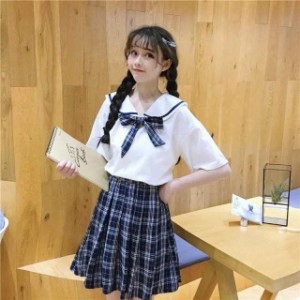 セーラー服 セットアップ 少女 着痩せ 森ガール Aライン 快適 可愛い 学院風 セット（半袖 無地 シャツ+チェック柄 スカート）体型カバ