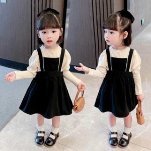 新作 韓国子供服 セットアップ 女の子 長袖 Tシャツ+サスペンダースカート 2点セット 80 90 100 110 120 130 cm