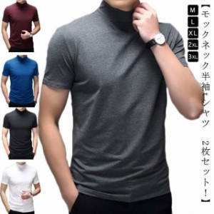 【2枚セット】 【送料無料】 ハイネック tシャツ メンズ 半袖 tシャツ 無地 カットソー 夏 モックネック ハイネック tシャツ ティーシャ