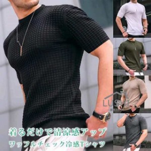 ワッフルチェック冷感Tシャツ、ワッフルチェック Tシャツ シャツ メンズ 半袖 夏服 メンズ Tシャツ 清涼感アップ 接触冷感 吸汗速乾 極薄