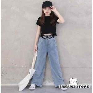 子ども服 セットアップ 女の子 ワイドパンツ デニム Ｔシャツ ２点セット 夏 上下セット キッズ ジュニア 洋服 カジュアル 可愛い