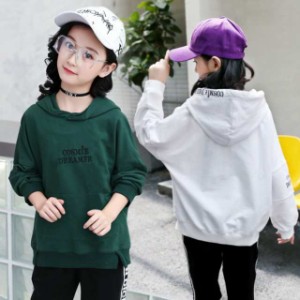 パーカー プルオーバー 子供服 女の子 キッズ スウェット 運動服 トレーナー 上着 ロゴ フード付 長袖 緑 白 グリーン ホワイト 120 130