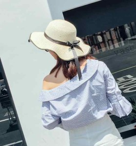 レディース帽子夏折りたたみ 帽子 大きめ ブレードハット リボン付き　麦藁帽子ビーチハット 海岸休日旅行 日よけ 麦わら帽子 女優帽