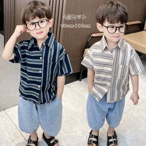 子ども服 男の子 夏服 レジャー セットアップ 幼児 キッズ 上下セット シャツ+ハーフパンツ 2点セット ボーイズ ストライプ柄 シャツ 半