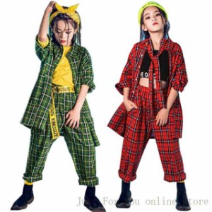 子供服 ヒップホップ キッズダンス衣装 セットアップ チェック ダンストップス ｔシャツ 女の子 ロングパンツ かっこいい チーム揃い 赤