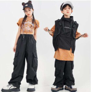 子供ヒップホップジャズダンス衣装　黒カーゴパンツ　単品/セット対応　半袖ｔシャツ　マルチベスト　女の子/男の子ステージ演出服キッズ