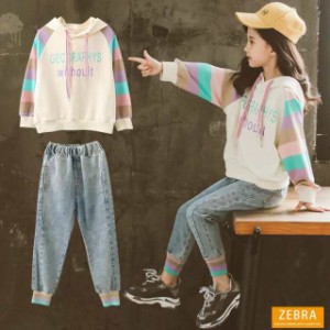 子供服 セットアップ キッズ 女の子 春秋 長袖 2点セット 上下セット Tシャツ デニムパンツ ロングパンツ ジュニア おしゃれ カジュアル