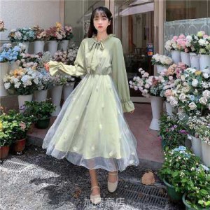 ワンピース ドレス ロング丈 シフォン リボン フリル レディース ロングワンピ ミモレ丈 きれいめ 上品 エレガント 高級感 個性的 個性派