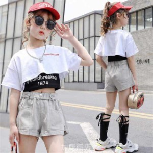 韓国子供服 女の子 ショートTシャツ キャミソ パンツ 夏服 カジュアル ファッション 子ども服 ダンス衣装 へそ出し 丸首 半袖