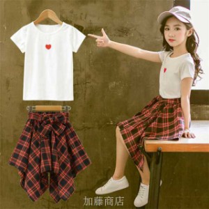 子供服 女の子 セットアップ Ｔシャツ チェックスカート チェックパンツ 半袖 オシャレ 可愛い カジュアルセット 韓国風 ファ