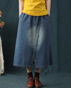 デニムスカート ロング ロングデニムスカート レディース ボトムス 巻きスカート風 大きいサイズ Aラインスカート ウエストゴム スカート