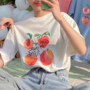 Tシャツ 半袖 レディース 夏Tシャツ ゆったり フルーツ柄 カットソー クルーネック サマーTシャツ ホワイト レディースTシャツ ピンク ブ