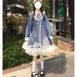 ワンピース レディース ロリータ 長袖 膝丈 マリン風 ゴスロリ ドレス 黒 ブルー ロリータファッション Lolita メイド服 コスプレ