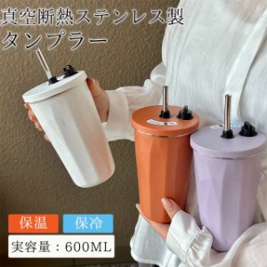 タンブラー 水筒 ストロー付き 600ml 蓋付き 大容量 真空断熱 保温 保冷 持ち運び マグボトル 直飲み 二重構造 ステンレ