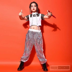 【三太郎の日】女の子 ダンス衣装 子供服 単品 スパンコール キラキラ 半袖 へそ出し 可愛い hiphop jazz キッズダンス チアガール チア