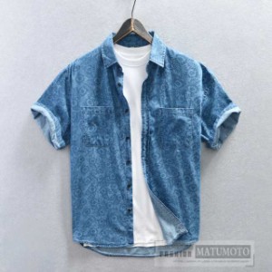 【三太郎の日】デニムシャツ シャツ メンズ 半袖 ジーンズ ウオッシュ加工 花柄シャツ 半袖シャツ ブルー 開襟 コットンシャツ 綿 トップ